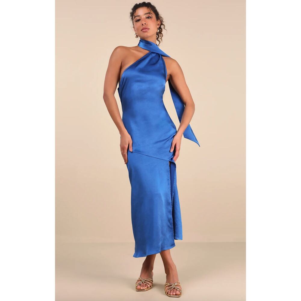 Lulu's Royal Blue Satin Halter Midi Dress